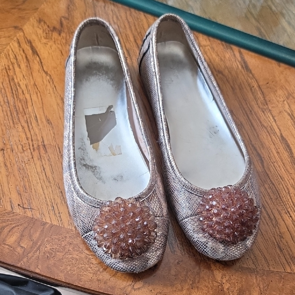 Anne Klein Metallic Rose Gold Ballet Flats with Decorative Beaded Rosette